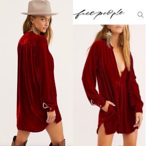 CP Shades Dresses & Skirts - CP Shades Collab Free People Jacey Red Crushed Velvet Deep V Tunic Dress Small